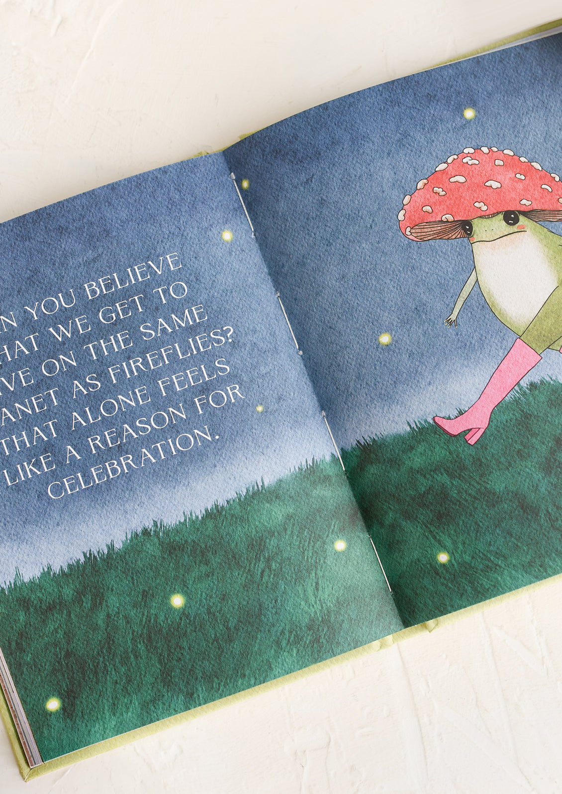 Open page of a book with frog drawing.