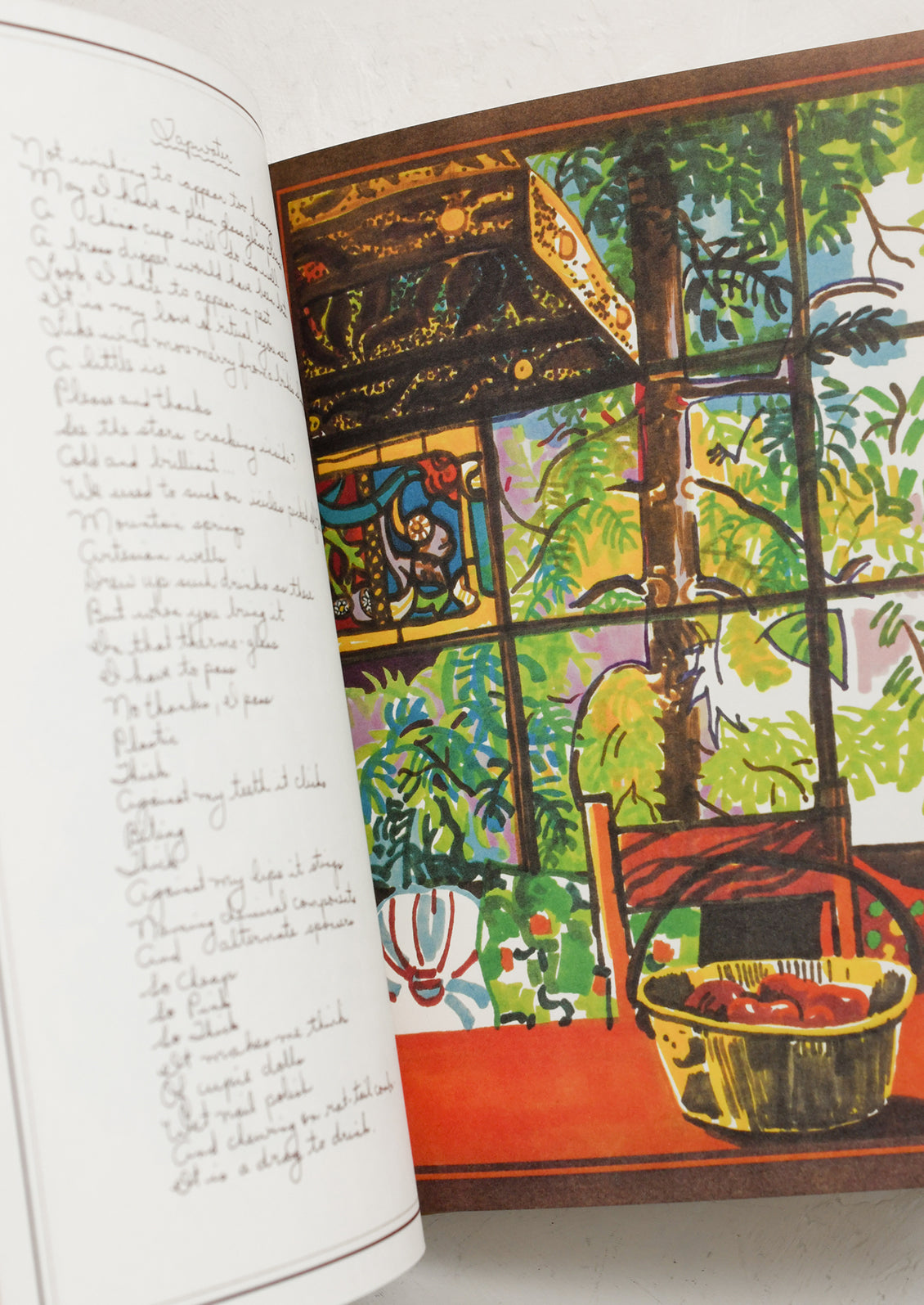 Open book with a colorful illustration of a garden scene on one page and text on the other.