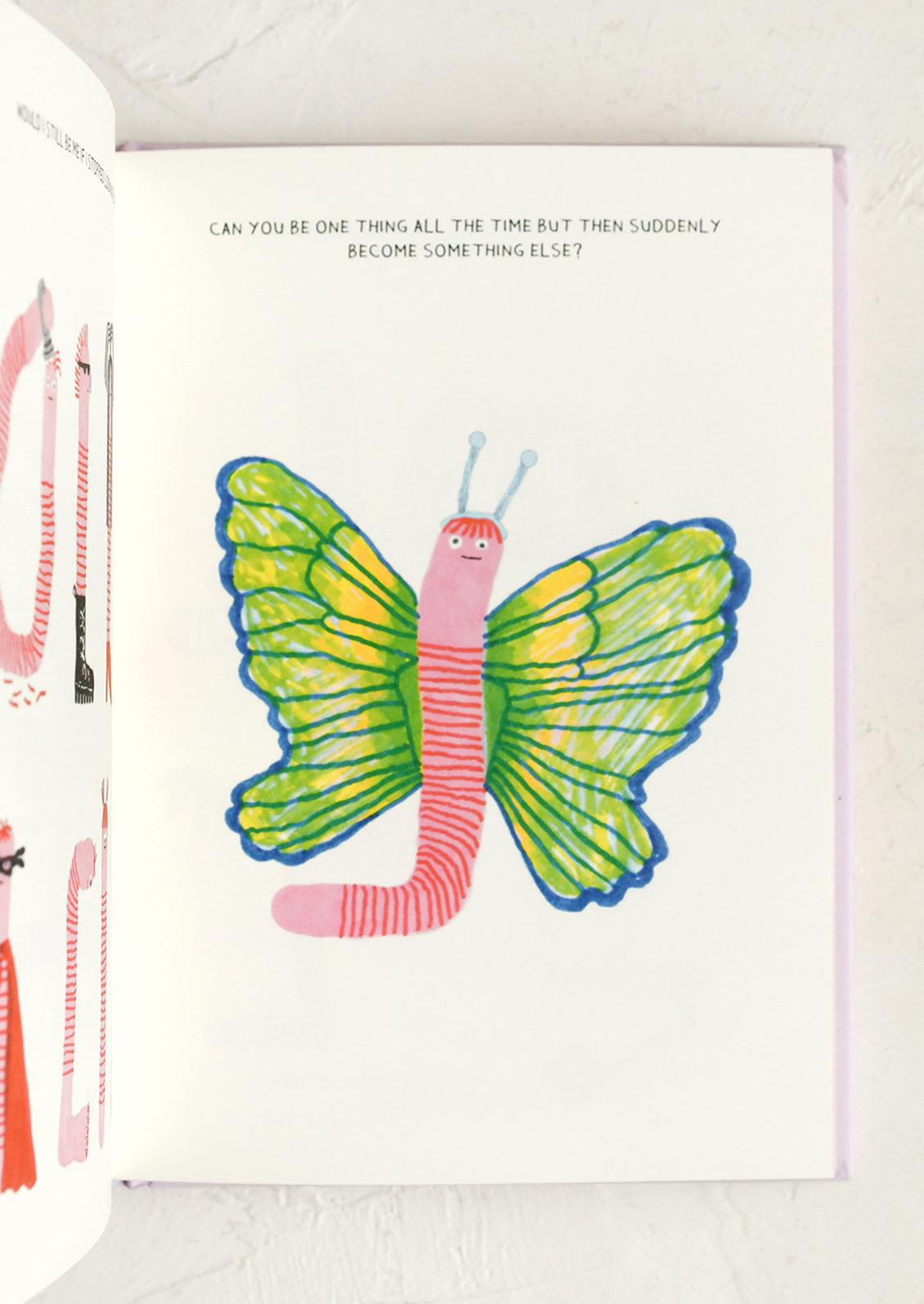 Illustration of a caterpillar transforming into a butterfly in a book.