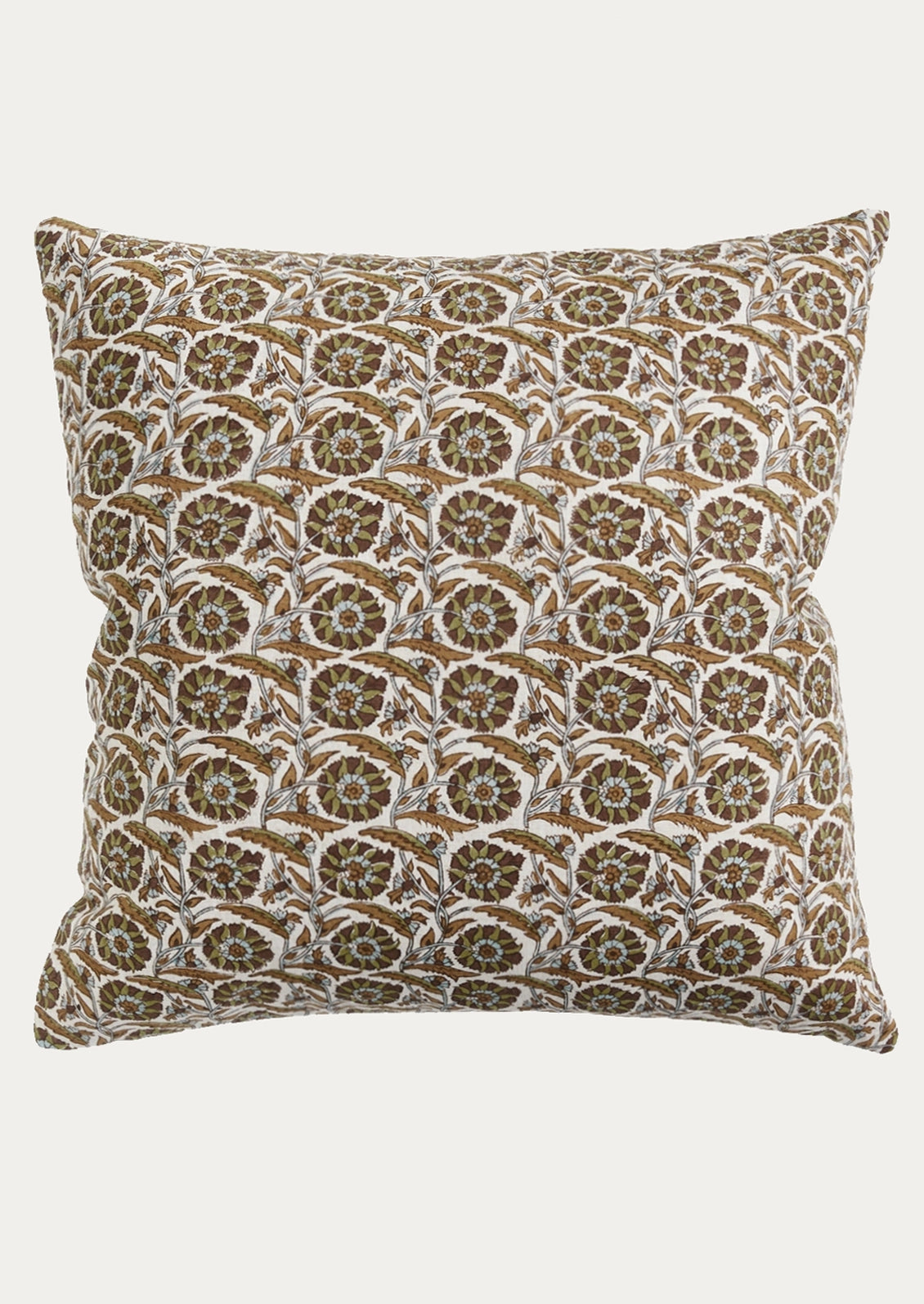 A square throw pillow featuring an intricate repeating block-print style pattern in brown, beige, and white, set against a solid light gray background.