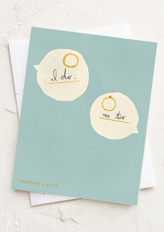 Card with speech bubbles and text on a light blue background