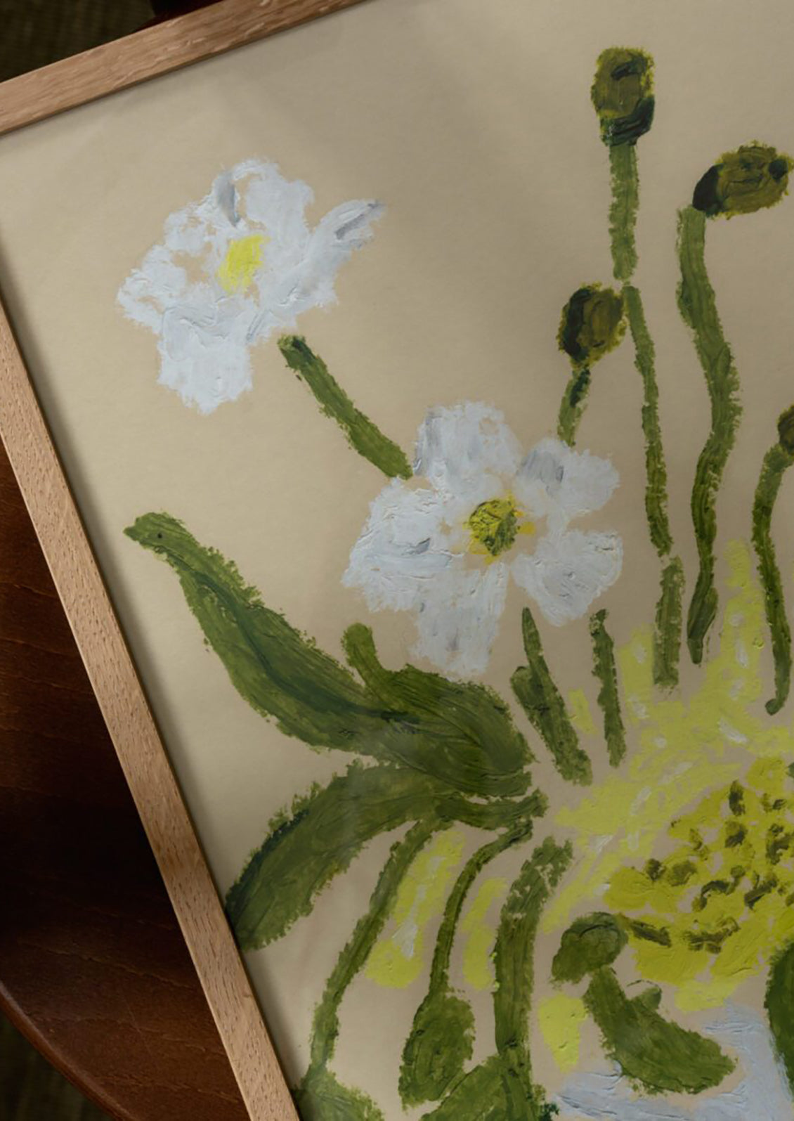 An art print of a pastels painting of white and green floral arrangement.