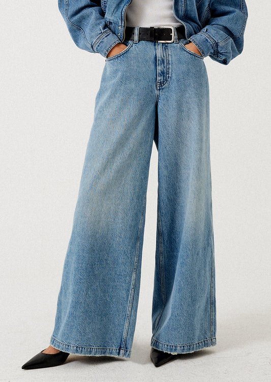 A person wearing a pair of medium wash wide leg jeans.