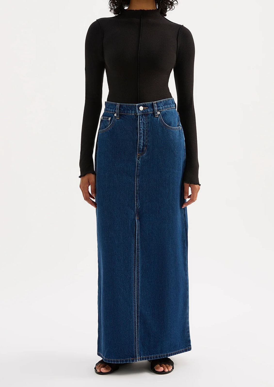 A denim maxi skirt in dark rinse.