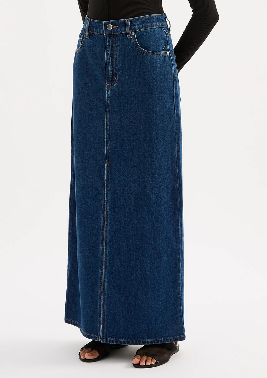 A denim maxi skirt in dark rinse.