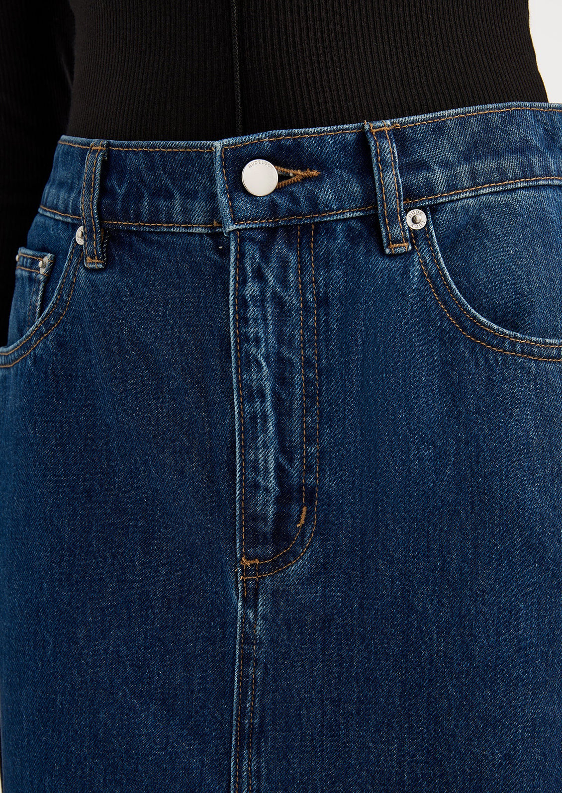 A denim maxi skirt in dark rinse.