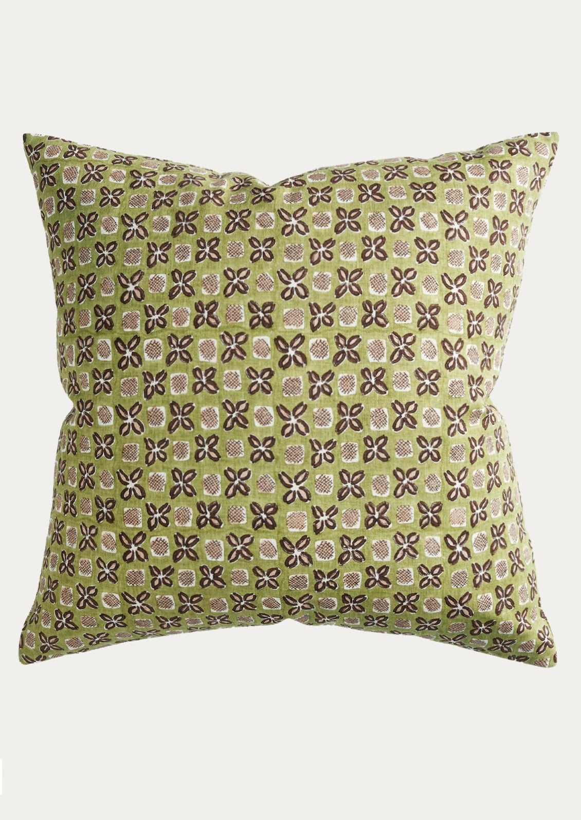A square decorative throw pillow featuring a repeating floral block-print pattern in olive green, brown, and beige on a light gray background.