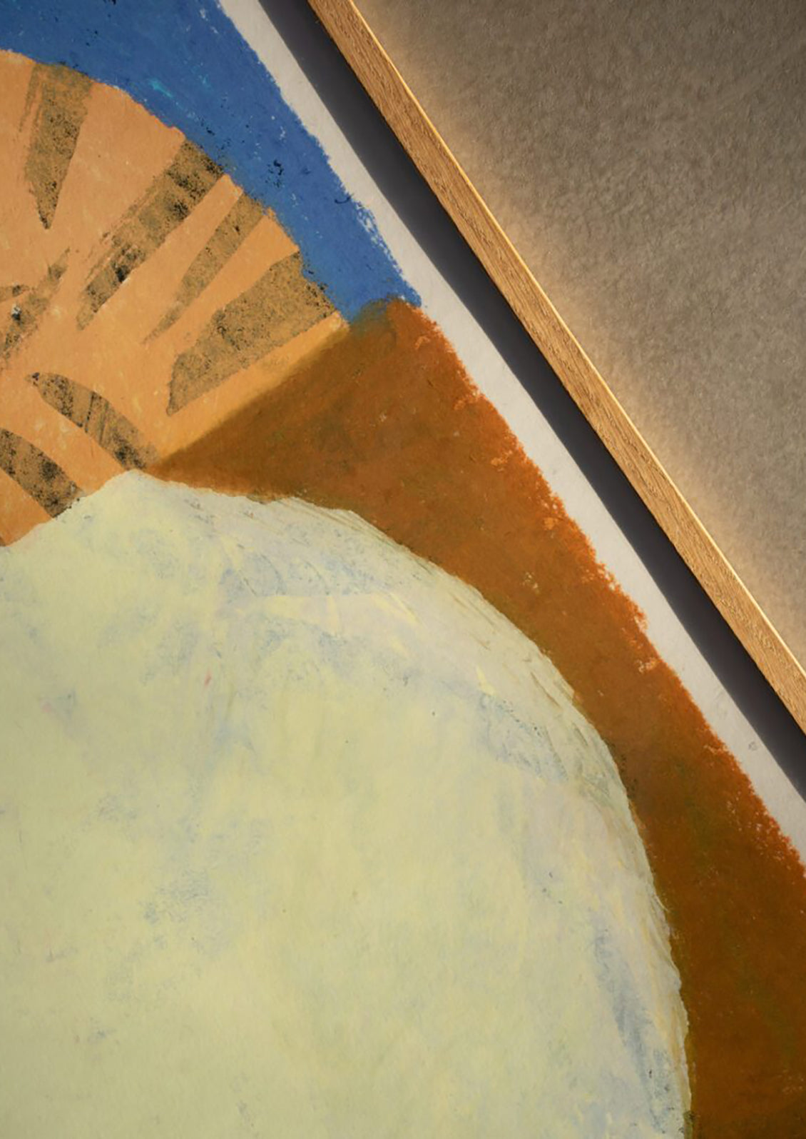 An abstract art print of lamp/vase abstract form on colorblocked background.