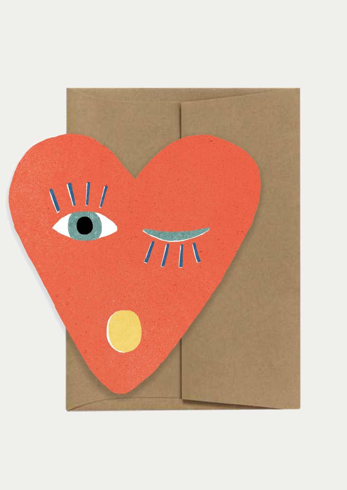 A heart shaped card, the heart has a face and is winking.