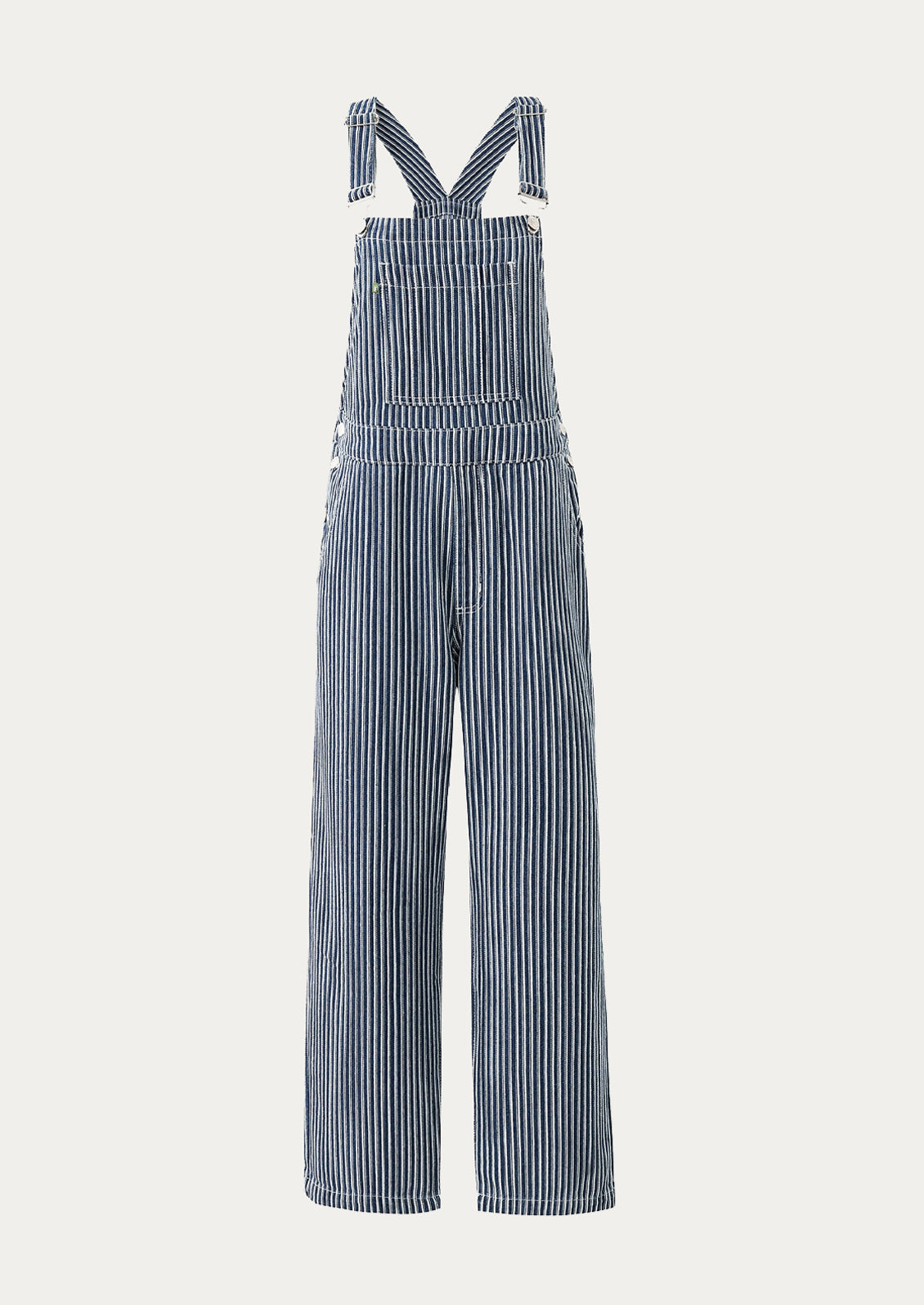 Blue and white striped denim overalls.