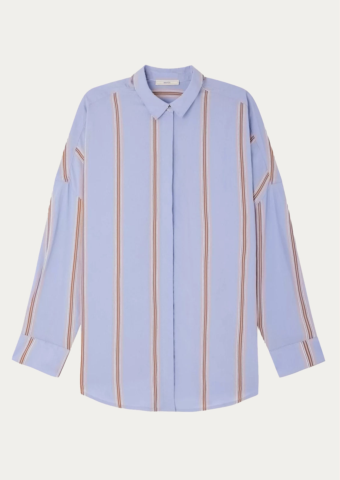 A relaxed button front shirt in periwinkle with auburn stripes.