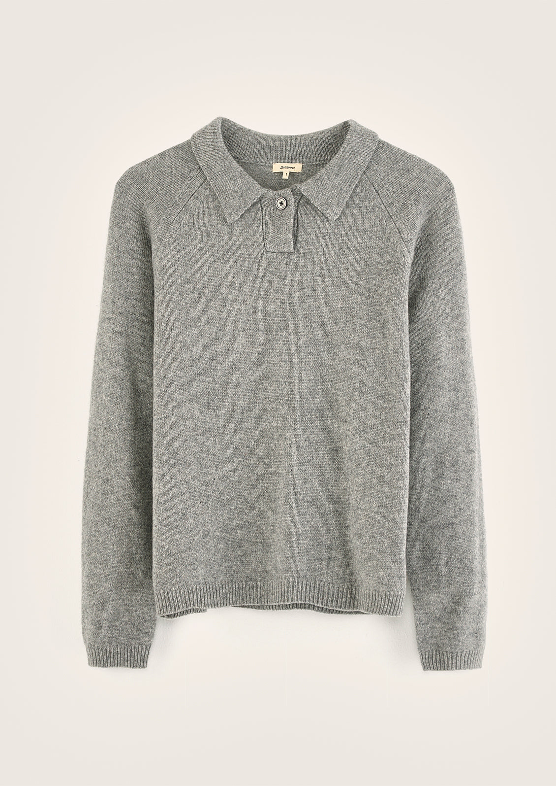 A heather grey long sleeve sweater with polo collar.