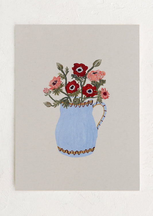 An illustrated art print of anemone flowers in a blue pitcher, on light grey background.