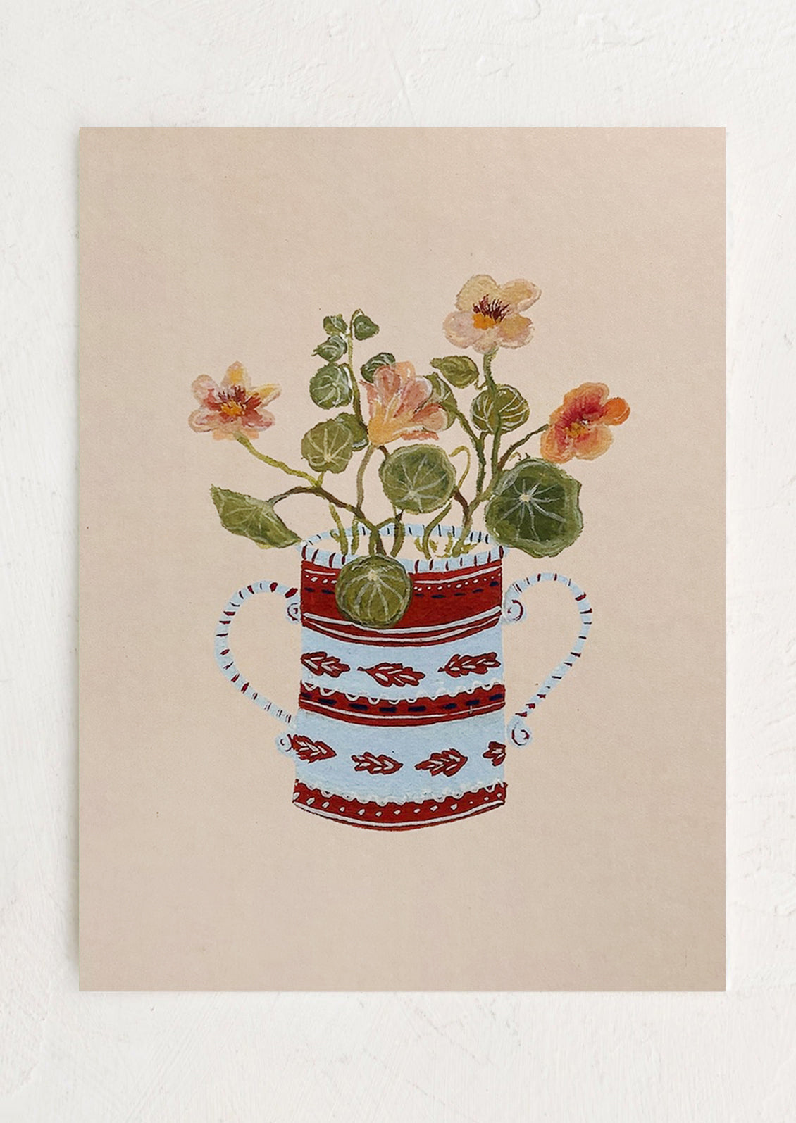 A small illustrated art print of apricot nasturtiums in blue and red pot, on light peach background.