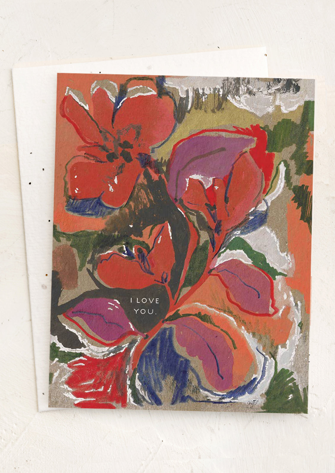 Abstract floral painting with 'I LOVE YOU' text on a white background