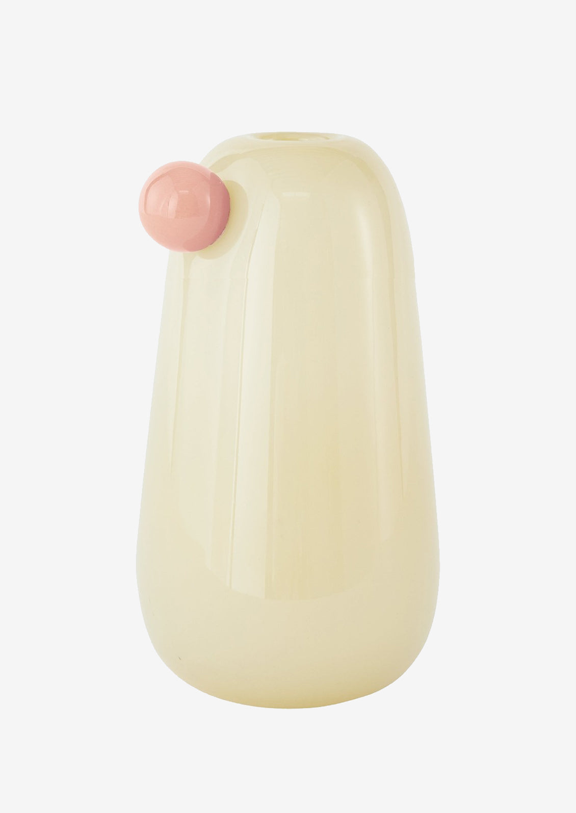 A large ivory glass vase with decorative pink bauble detail.