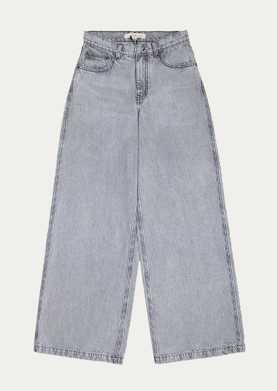 A pair of wide leg baggy jeans in light grey denim.