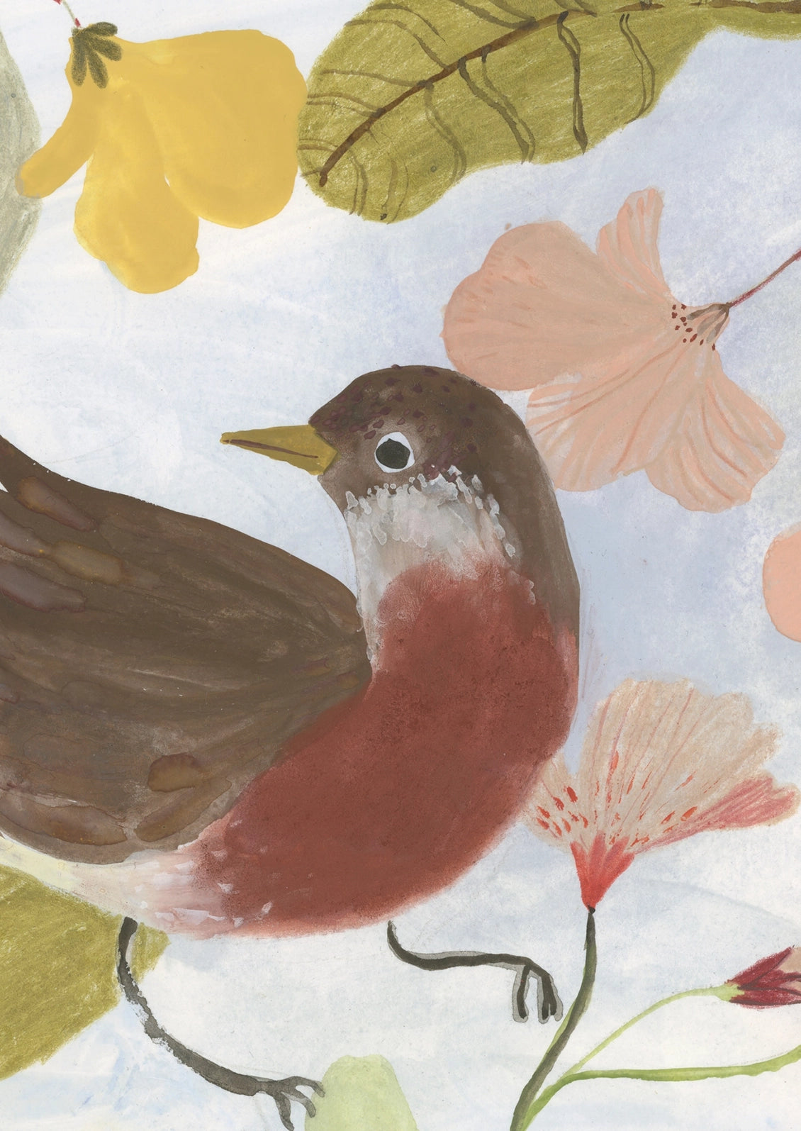 An art print depicting a robin among leaves and flowers.
