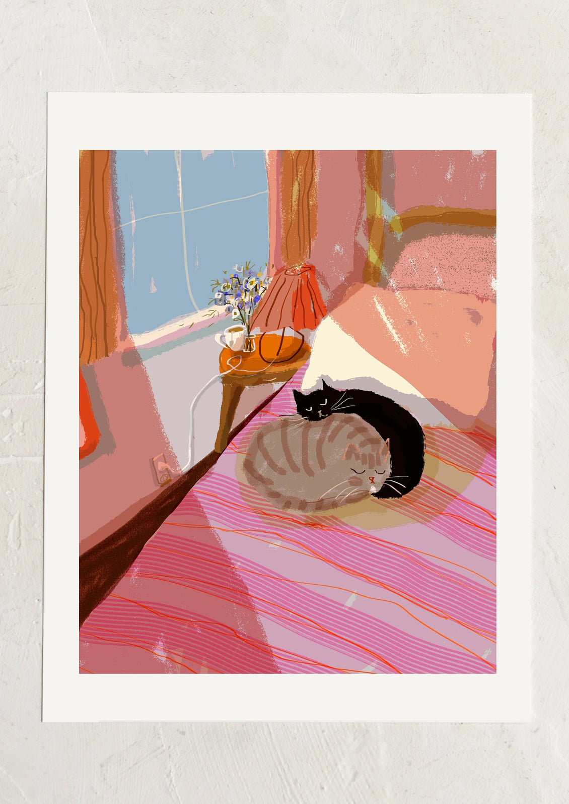 An art print of an illustration of two cats cuddling in bed.