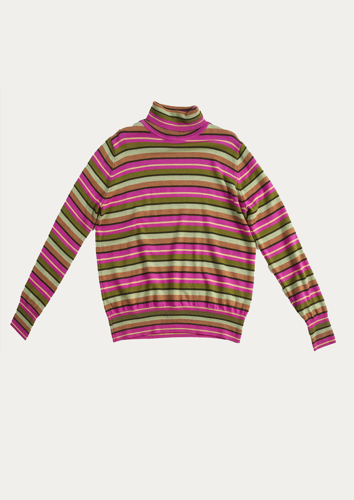 Striped turtleneck sweater on a light beige background