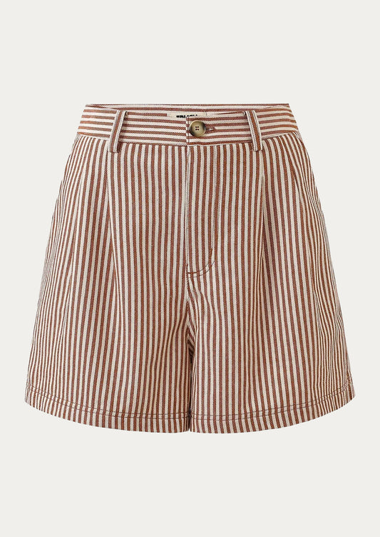 A pair of shorts in cream and rust vertical stripe pattern.