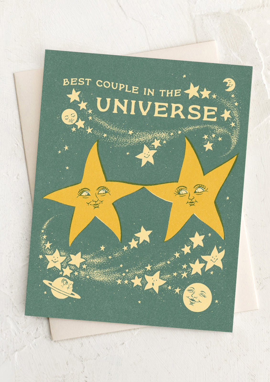 Card with two yellow stars and text 'Best Couple in the Universe' on a green background