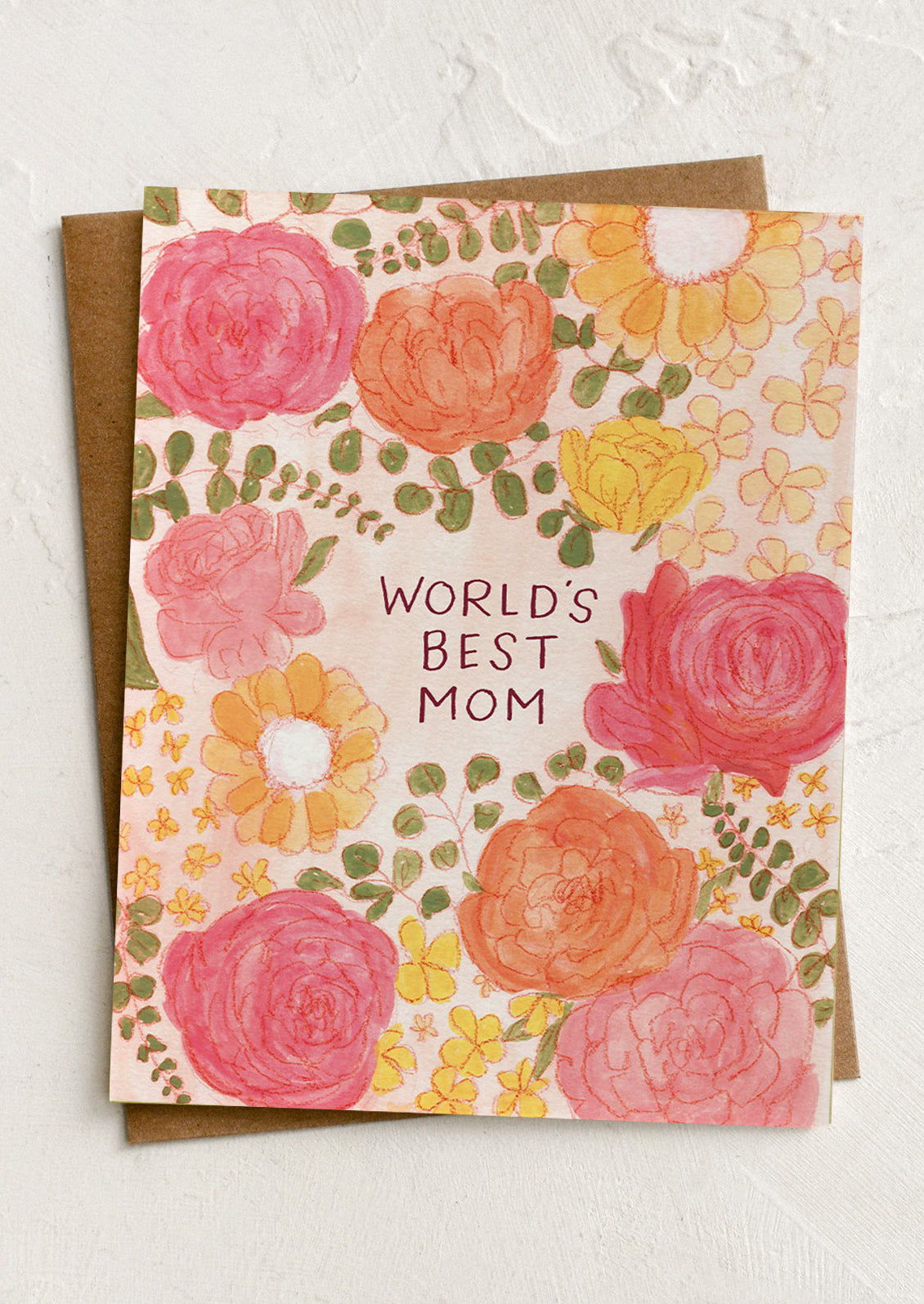 A floral print card reading "World's Best Mom".