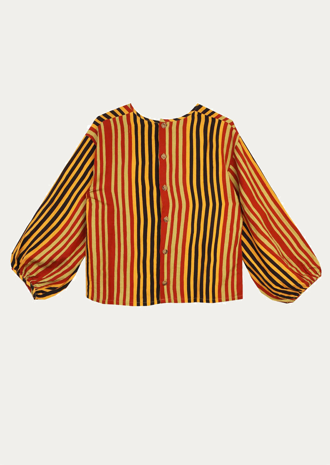 Striped shirt with red, yellow, and black pattern on a white background