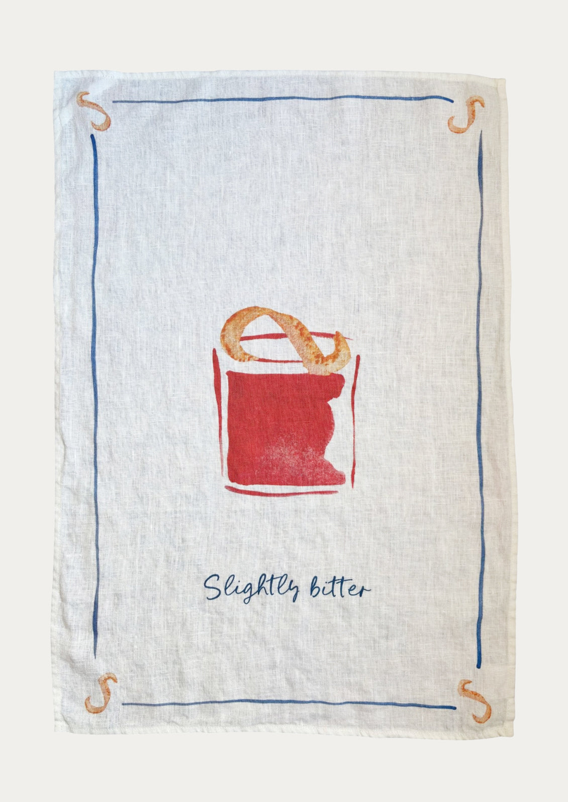 Tea towel with a negroni illustration and text 'Slightly bitter'.