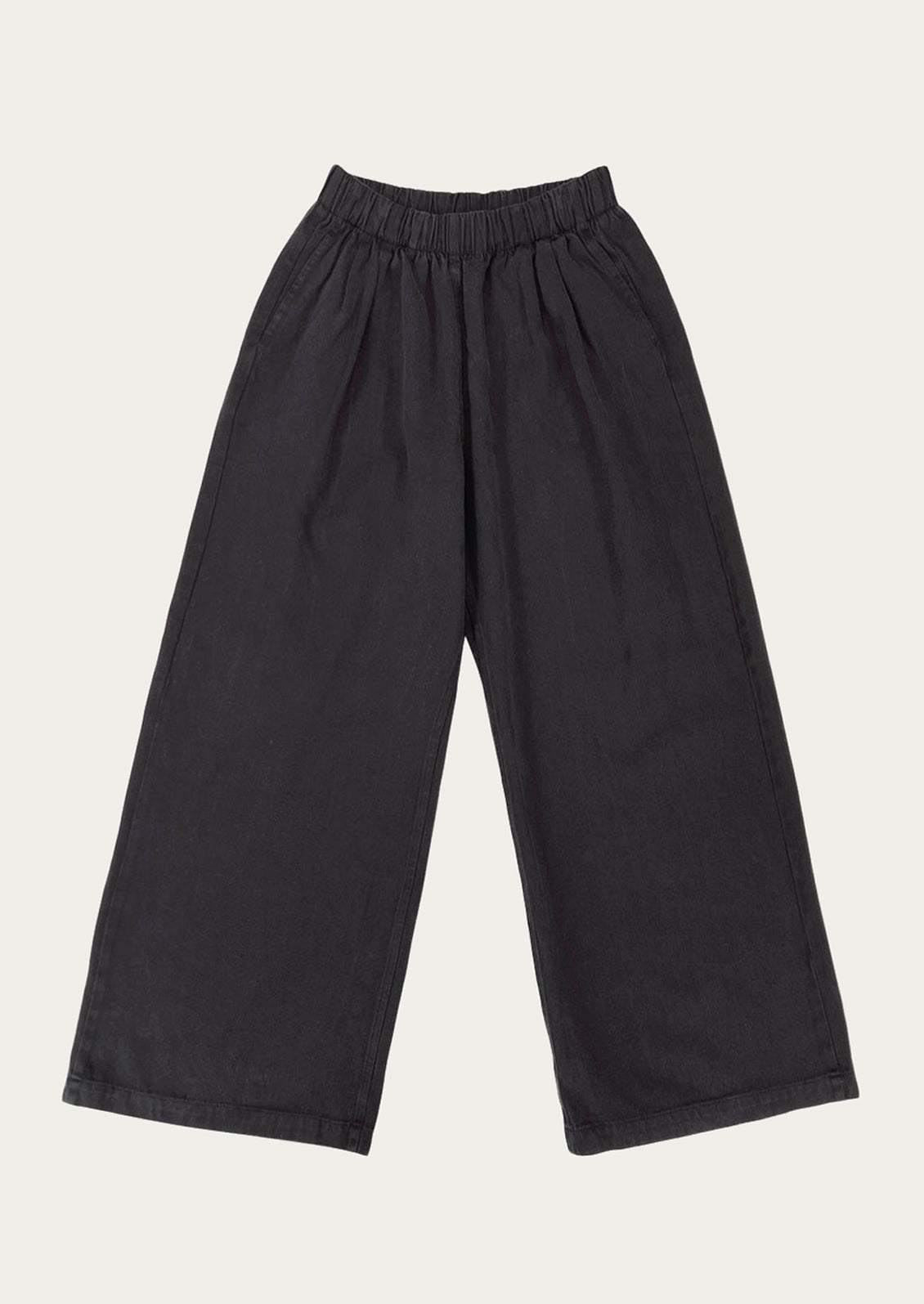 A pair of black wide leg pants.