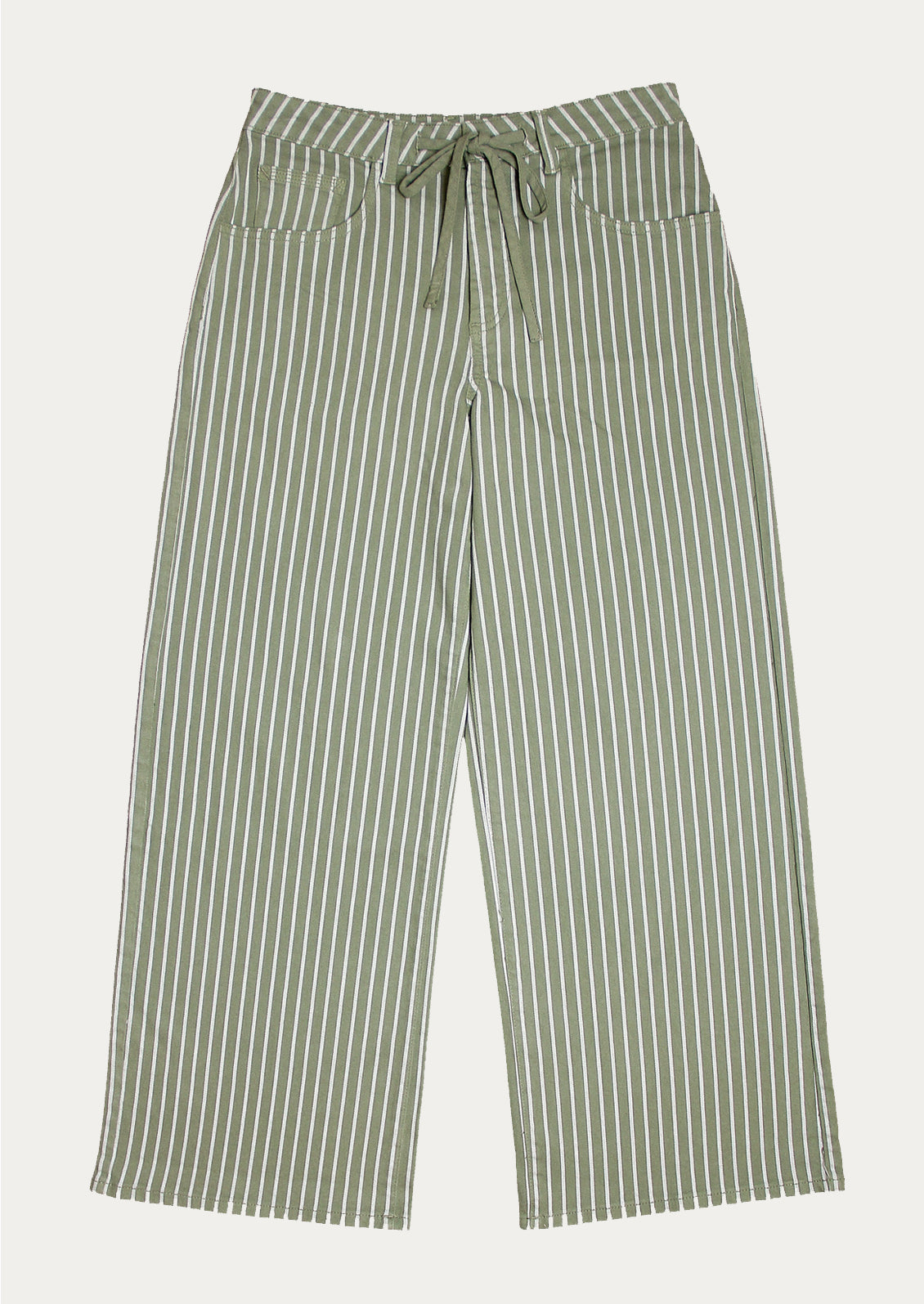 A woman wearing a pair of green jeans with white stripes and drawstring waist.