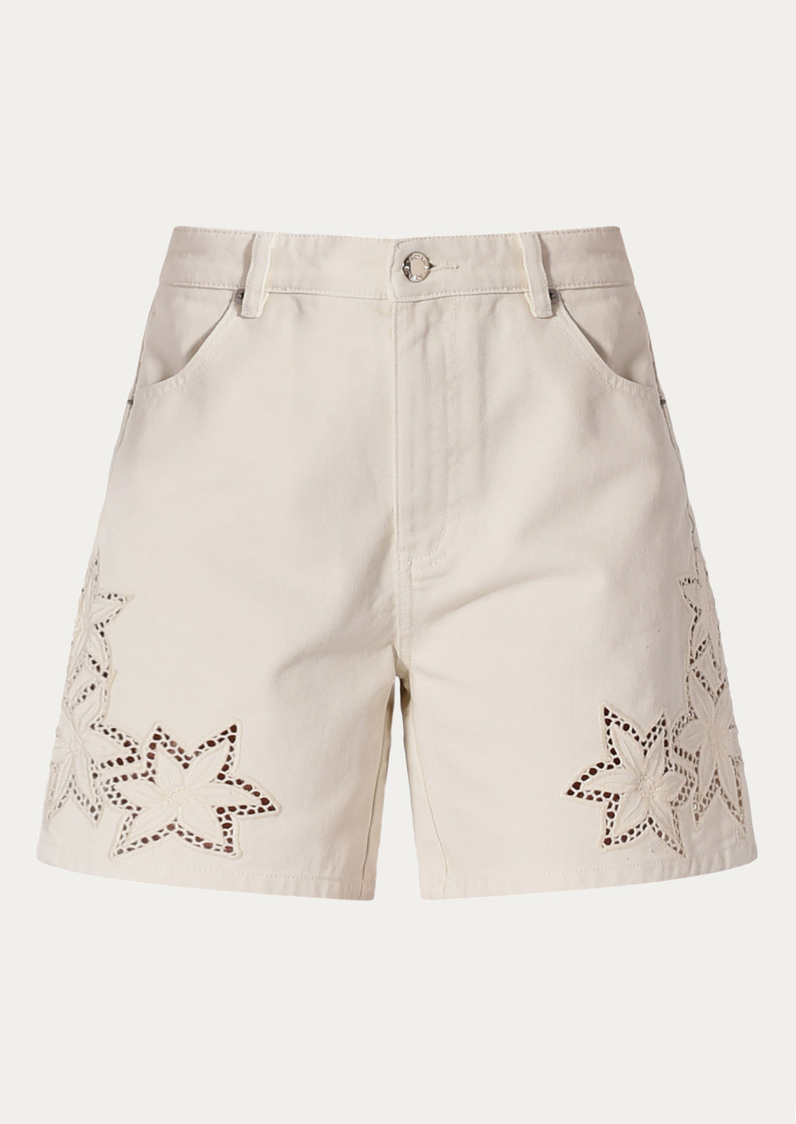 Beige shorts with star patterns on a white background