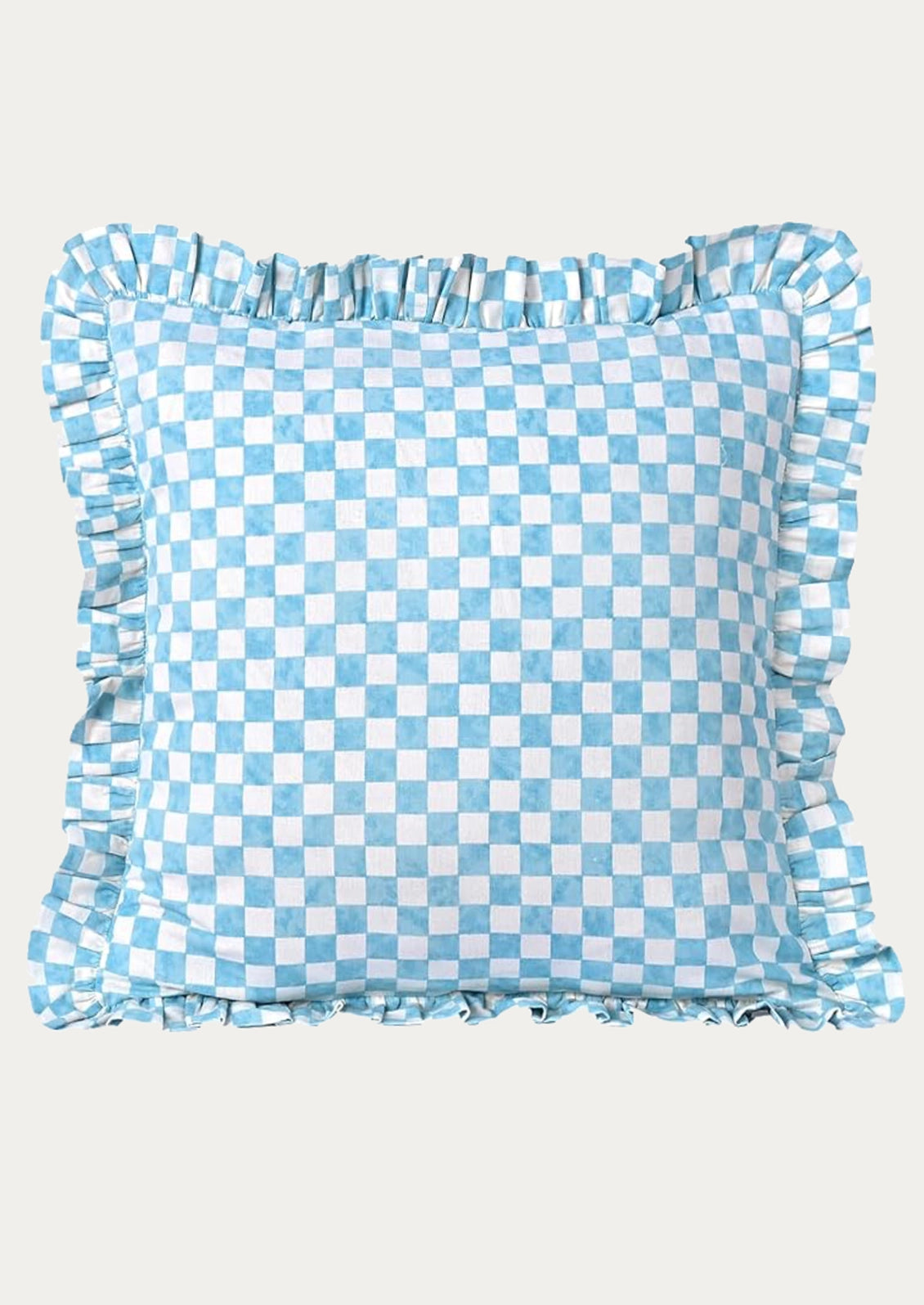 A square decorative throw pillow with a light blue and white checkered pattern and ruffled trim on all sides, shown against a plain light gray background.