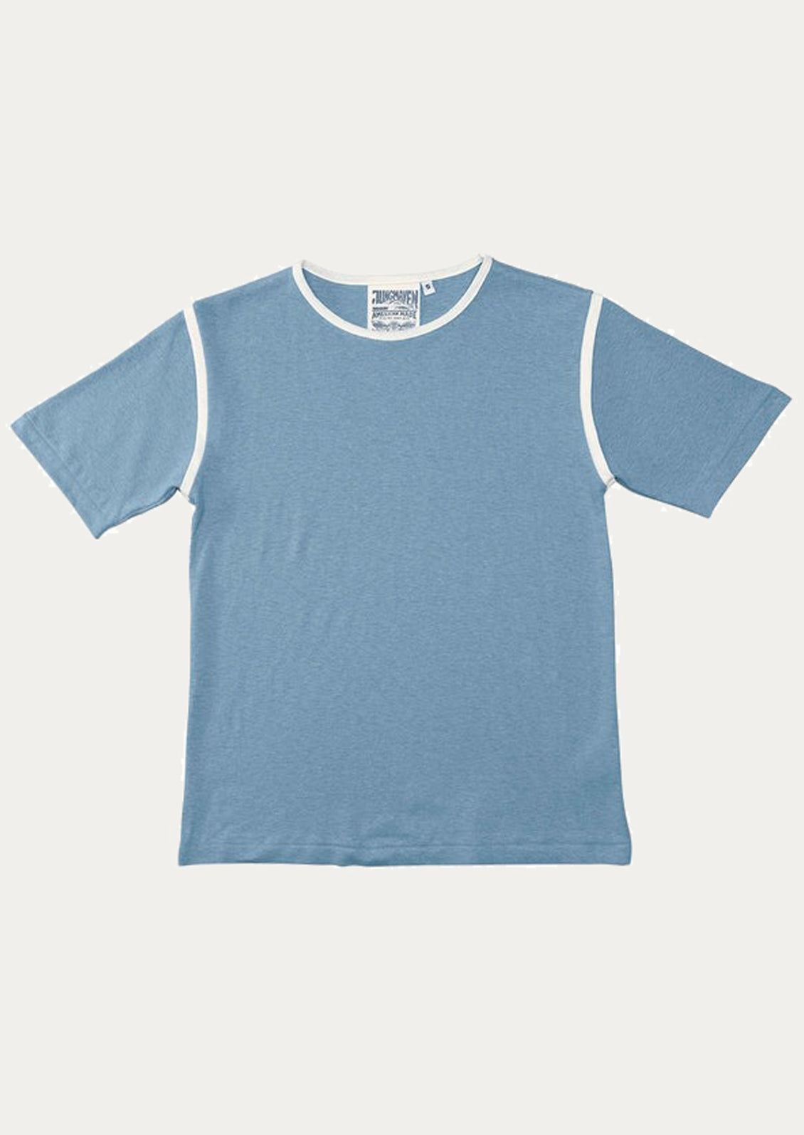 Blue t-shirt with white trim on a light gray background