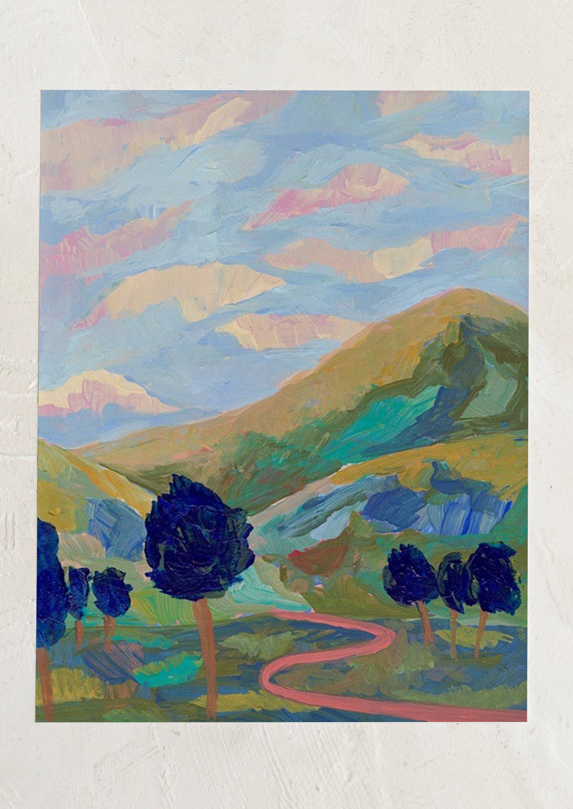 Colorful landscape painting with trees and a winding path.