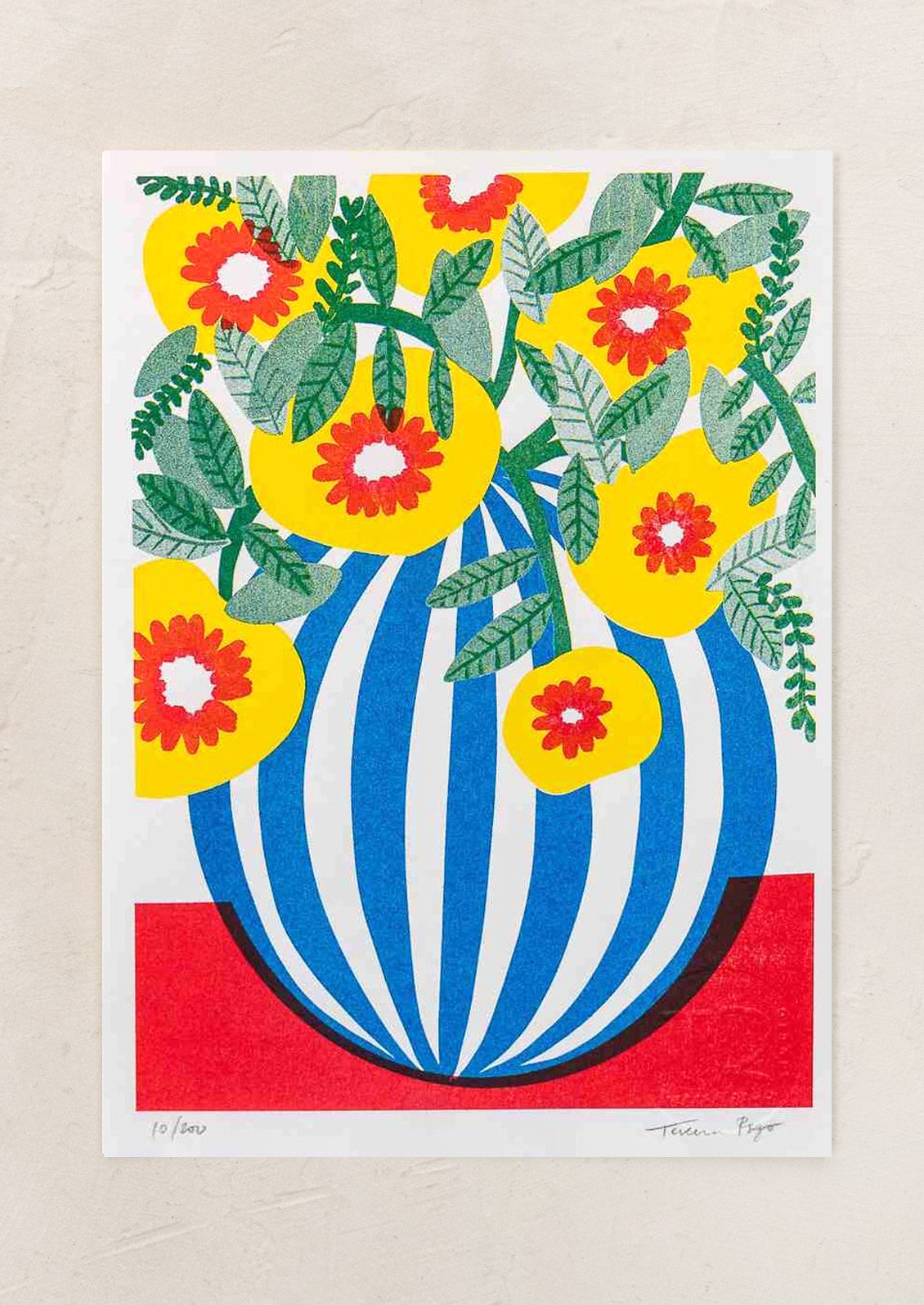 Colorful artwork of a striped vase with flowers on a red background.