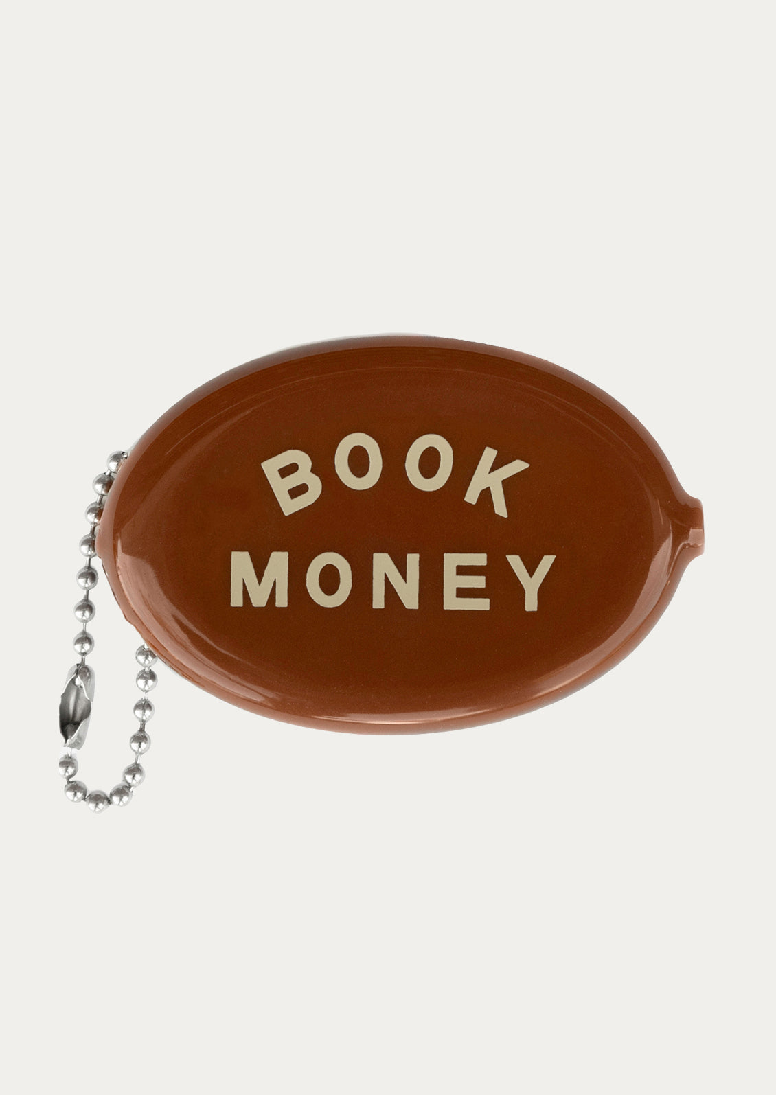 Brown coin purse with 'BOOK MONEY' text on a beige background