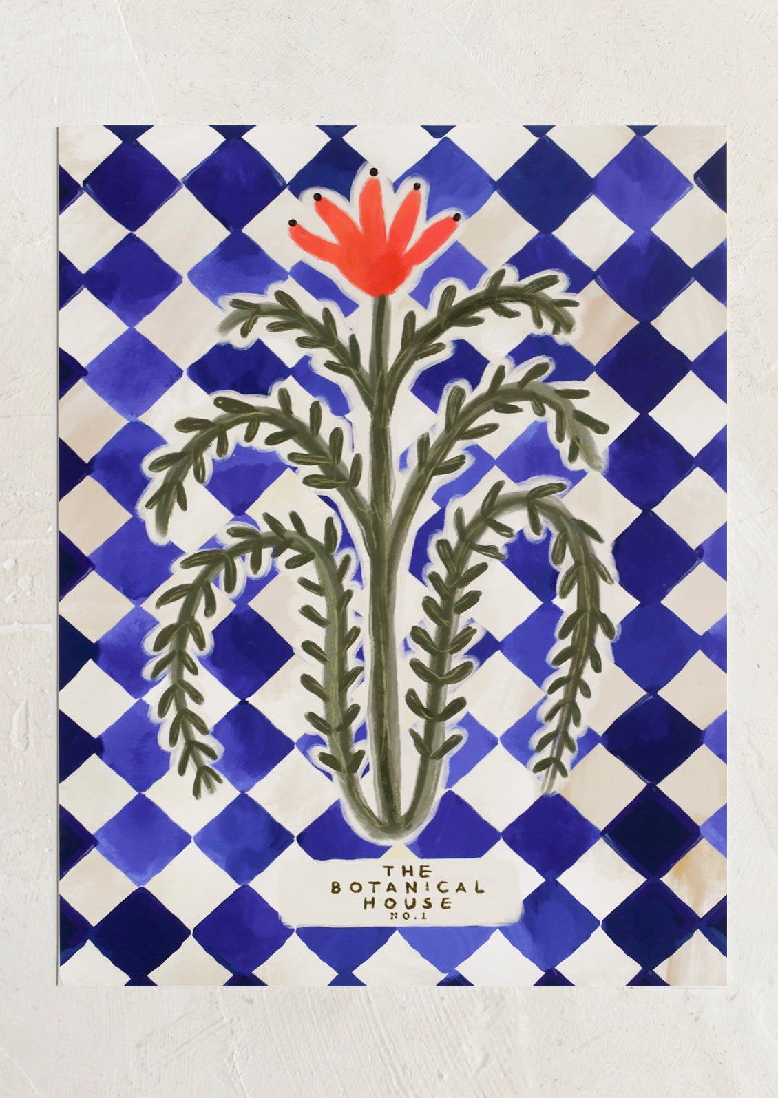 Floral design with red flower and green leaves on a blue and white checkered background, featuring 'The Botanical House' branding.