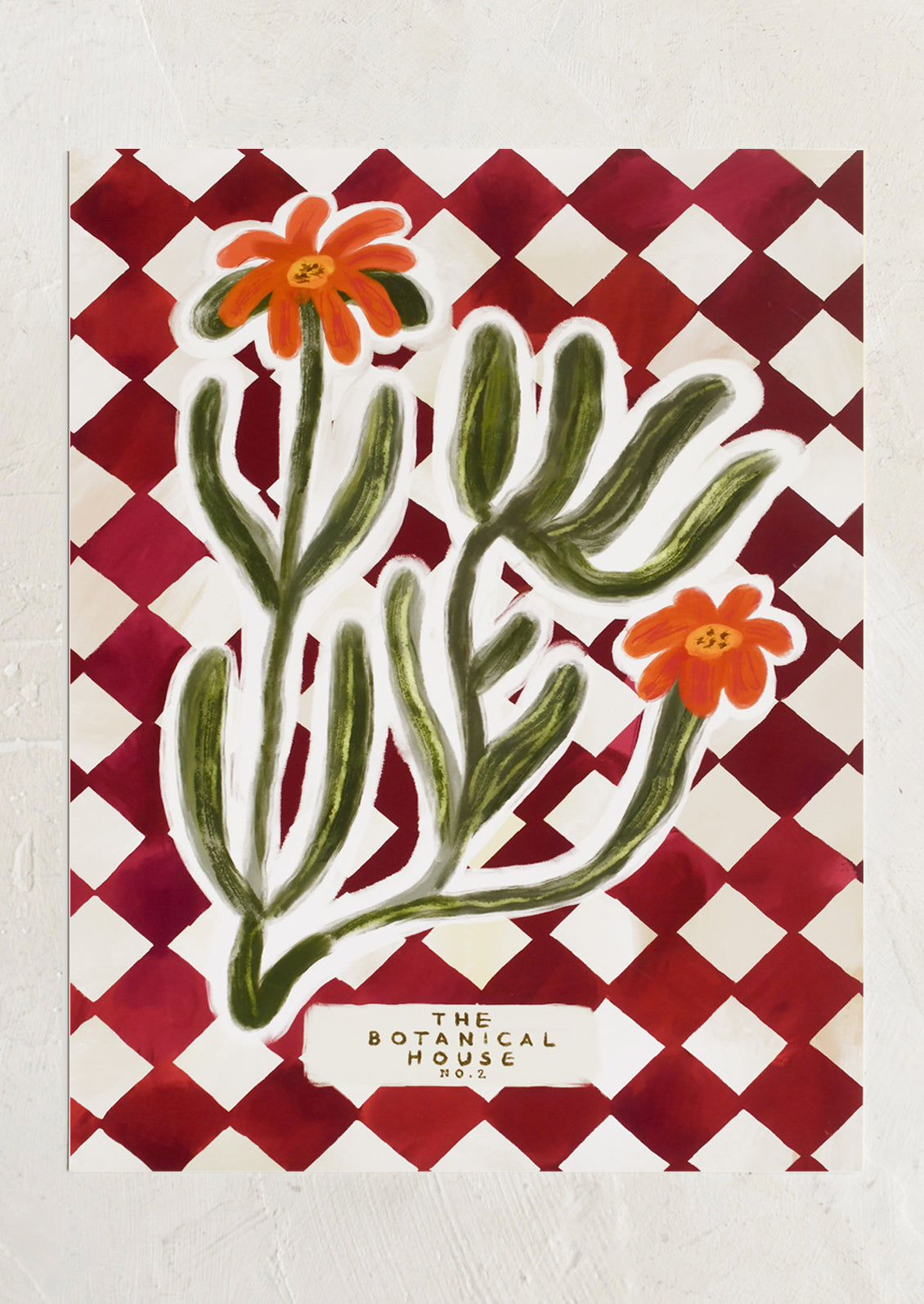 Floral design with orange flowers and green leaves on a red and white checkered background, featuring 'The Botanical House' logo.