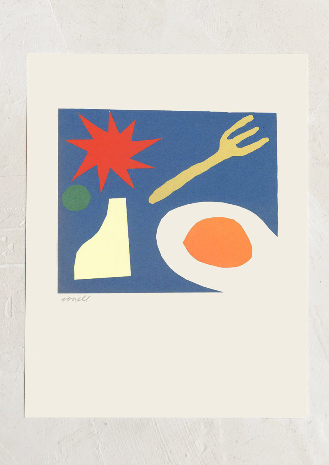 An art print of paper cutout style still life scene of fork, egg and abstract shapes.
