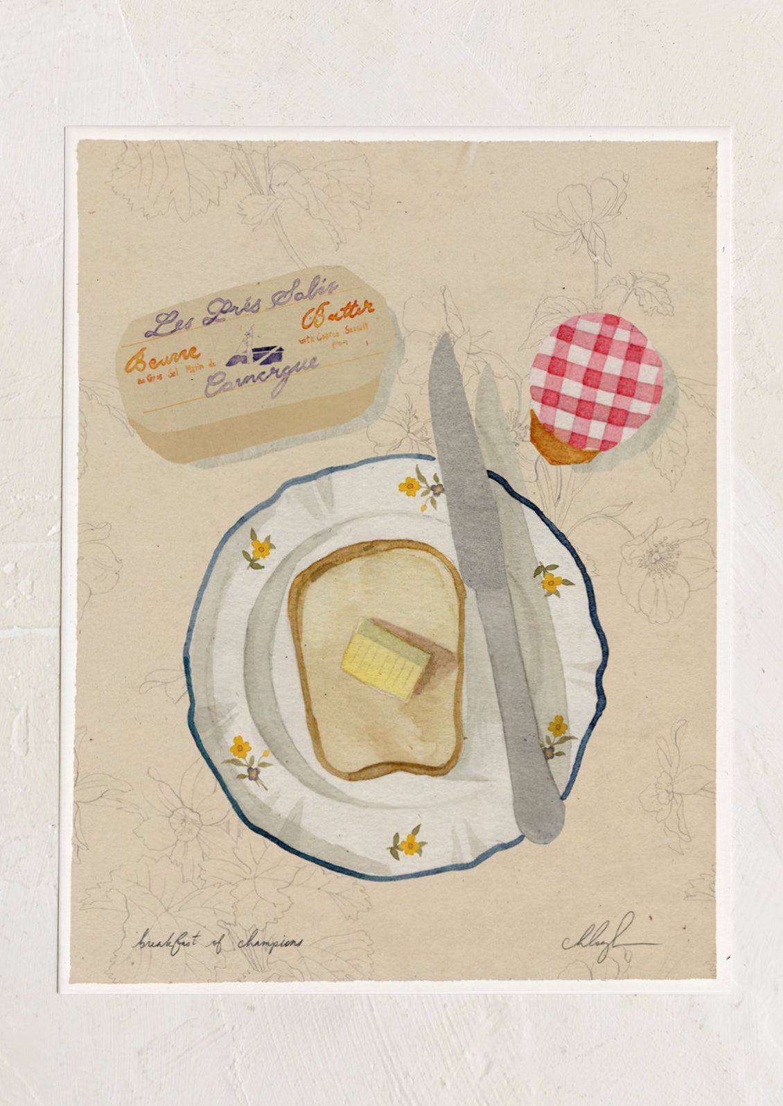 An art print of an illustration of a piece of toast on a plate with butter and jam.