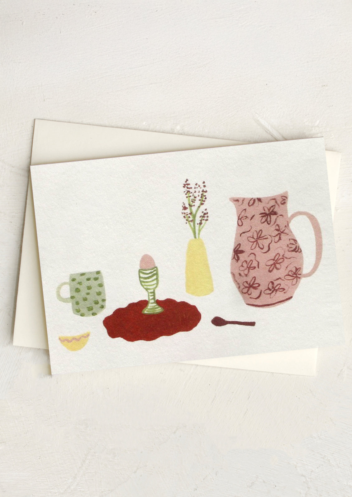 A small greeting card with breakfast still life scene.