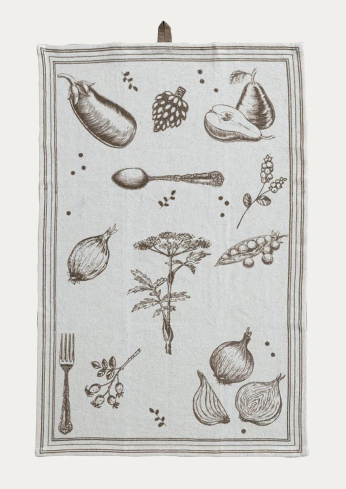 Tea towel with vintage-style illustrations of fruits, vegetables, and kitchen utensils on a light background.