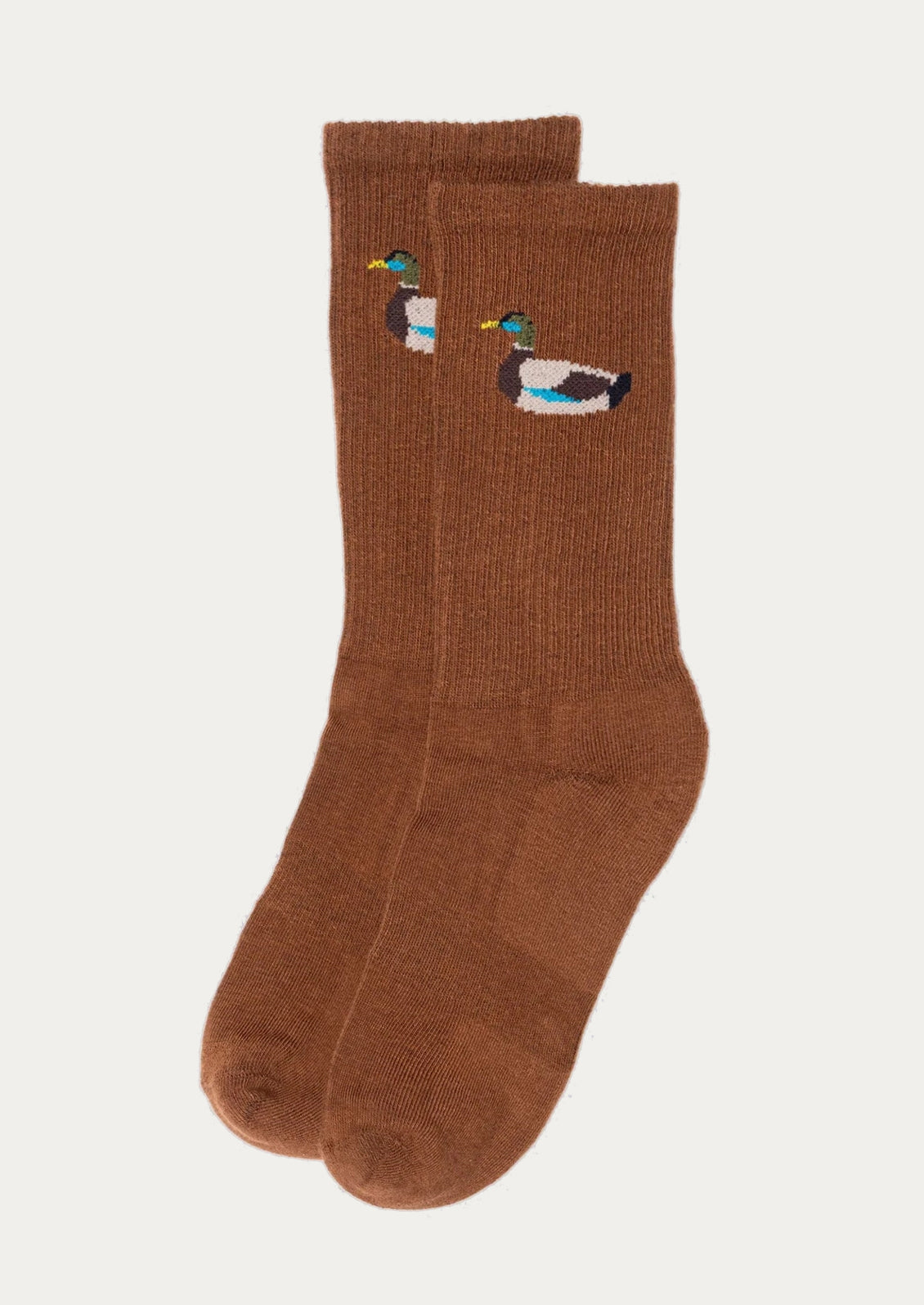 A pair of brown crew socks with embroidered mallard ducks on the upper leg, displayed against a light gray background.