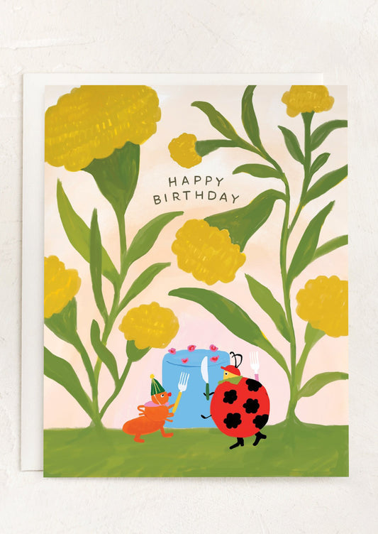 A bug and flower print card, text reads "Happy Birthday.