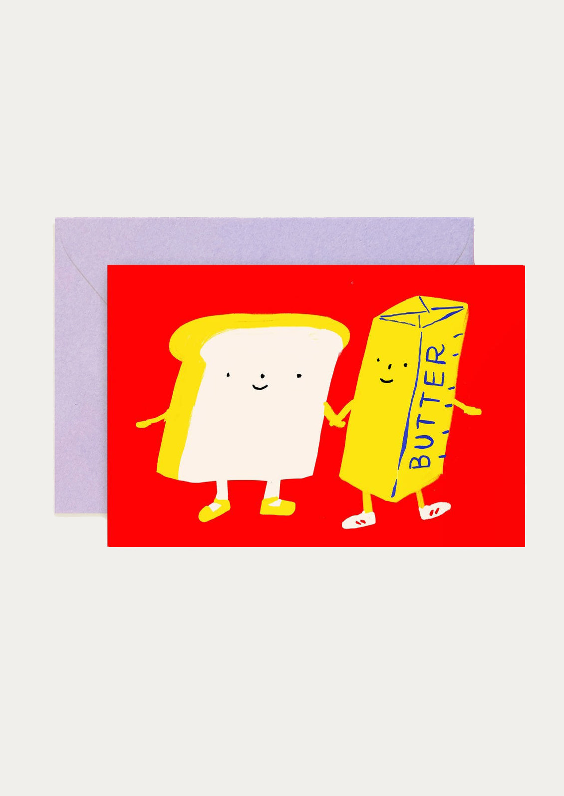 Card with cartoon characters of a block of butter and a box of butter on a red background, with a purple envelope.