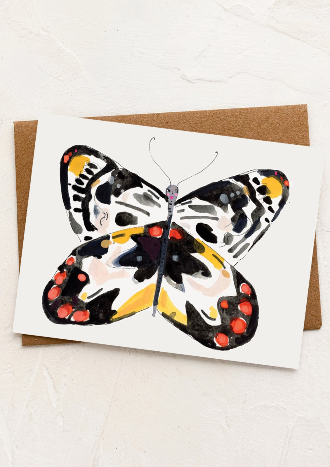 Greeting card with a colorful butterfly illustration on a white background
