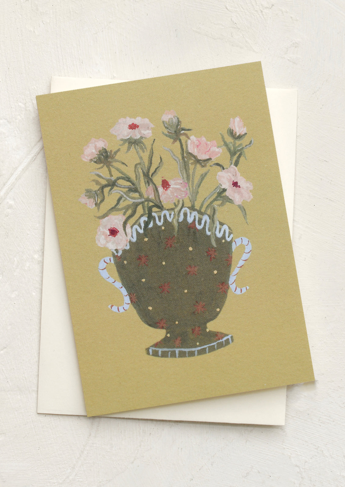 A mini greeting card in chartreuse with illustration of butterfly ranunculus flowers in vase.