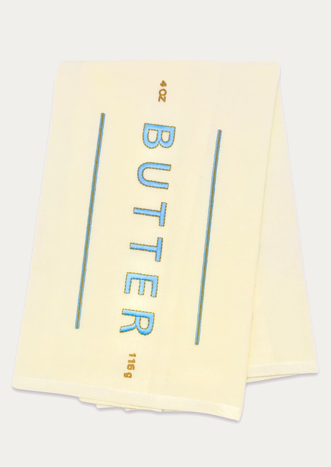 A yellow tea towel resembling a stick of butter.