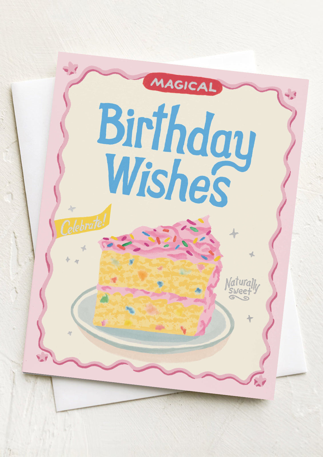 Birthday card with a slice of cake illustration and 'Magical Birthday Wishes' text on a white background.